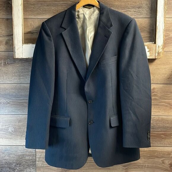 Johnny Carson Navy Blue Pinstriped Suit Jacket, Men’s 43R - Picture 1 of 8